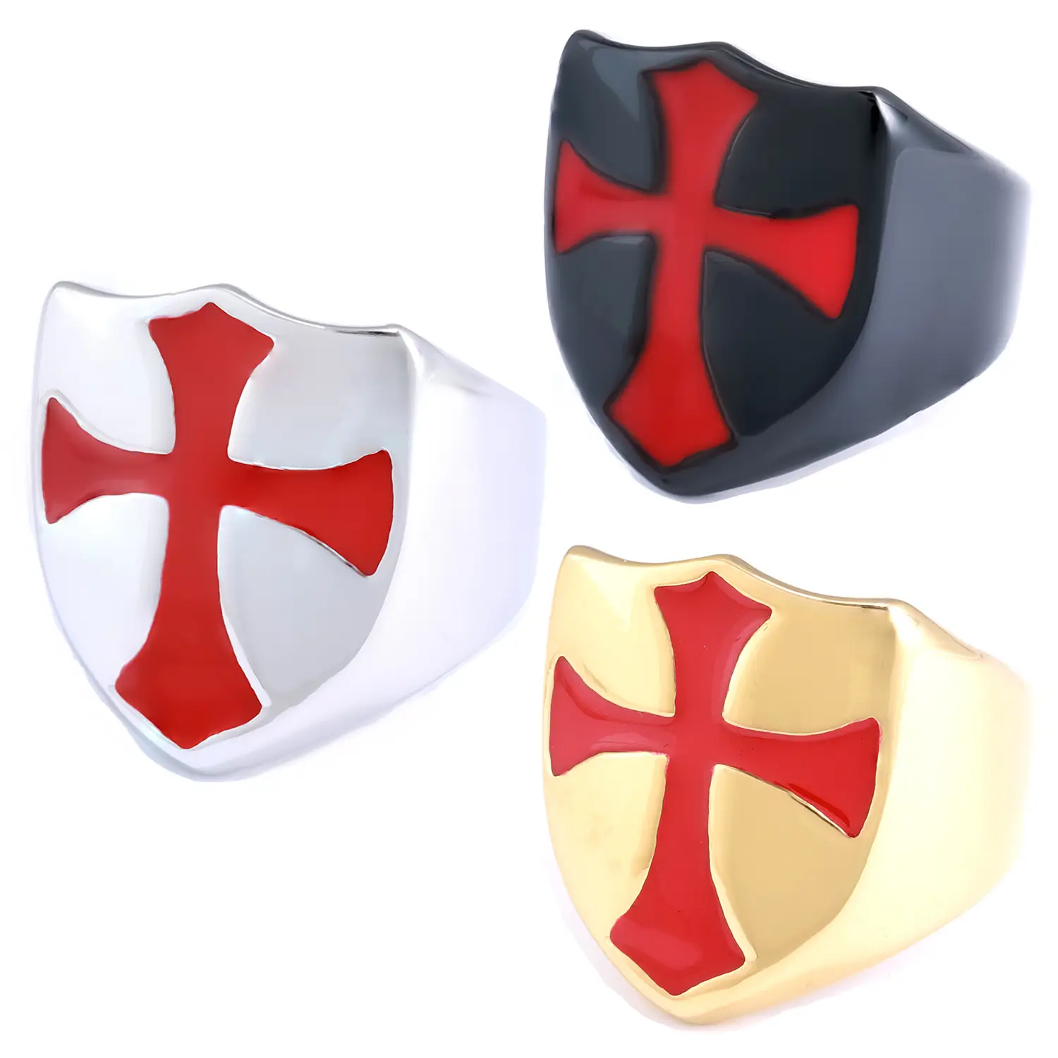 Gold Cross Men's Ring Red Enamel Square Design — feature 2