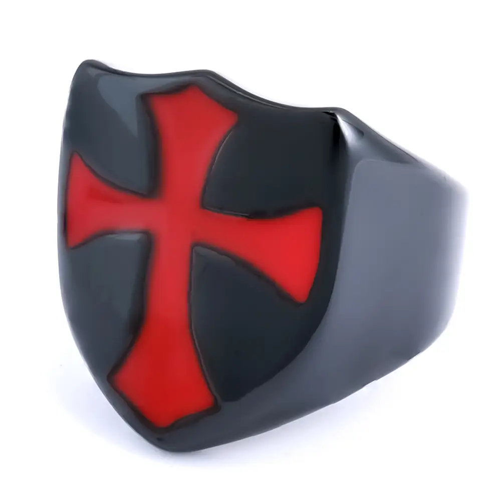 Gold Cross Men's Ring Red Enamel Square Design — feature 3