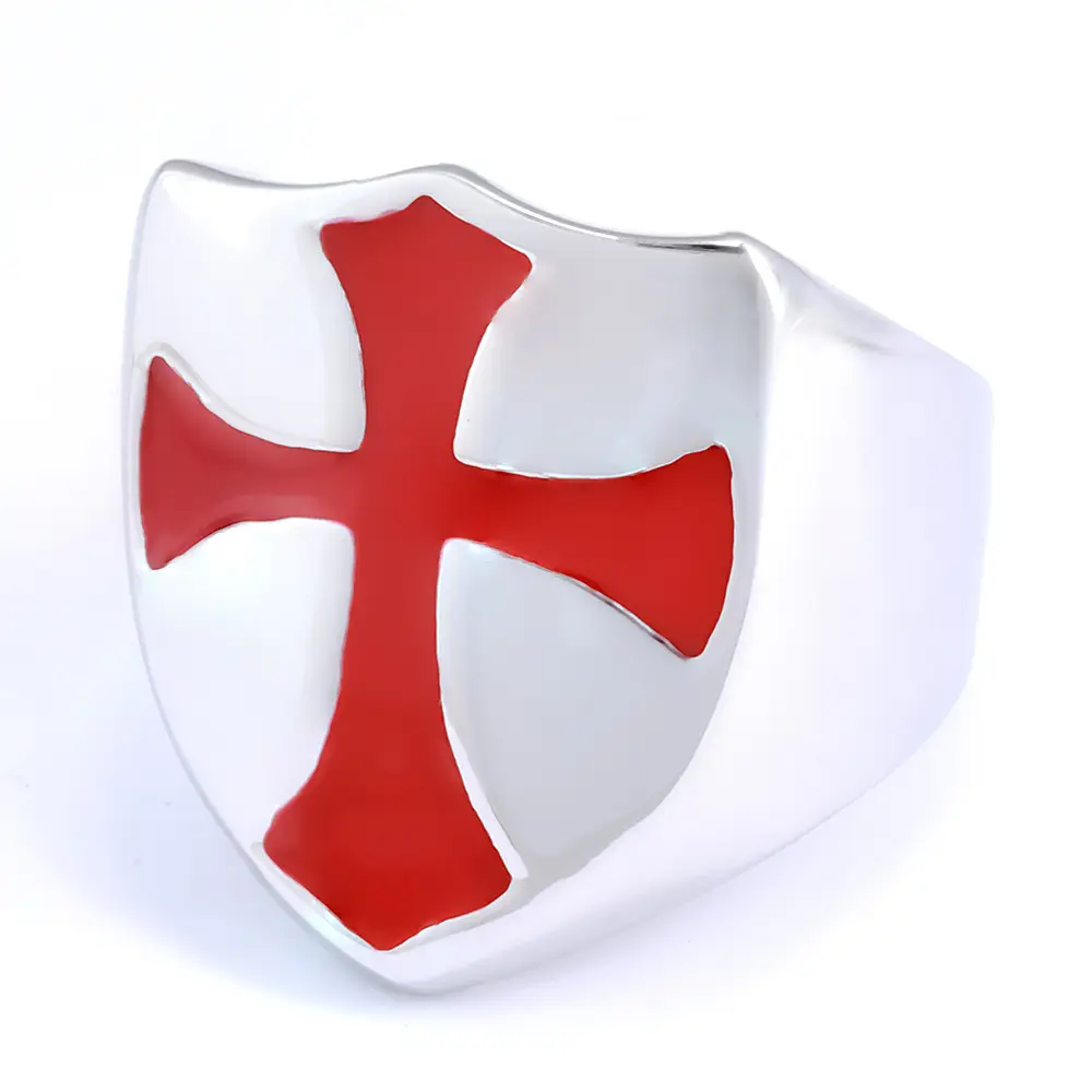 Gold Cross Men's Ring Red Enamel Square Design — feature 4