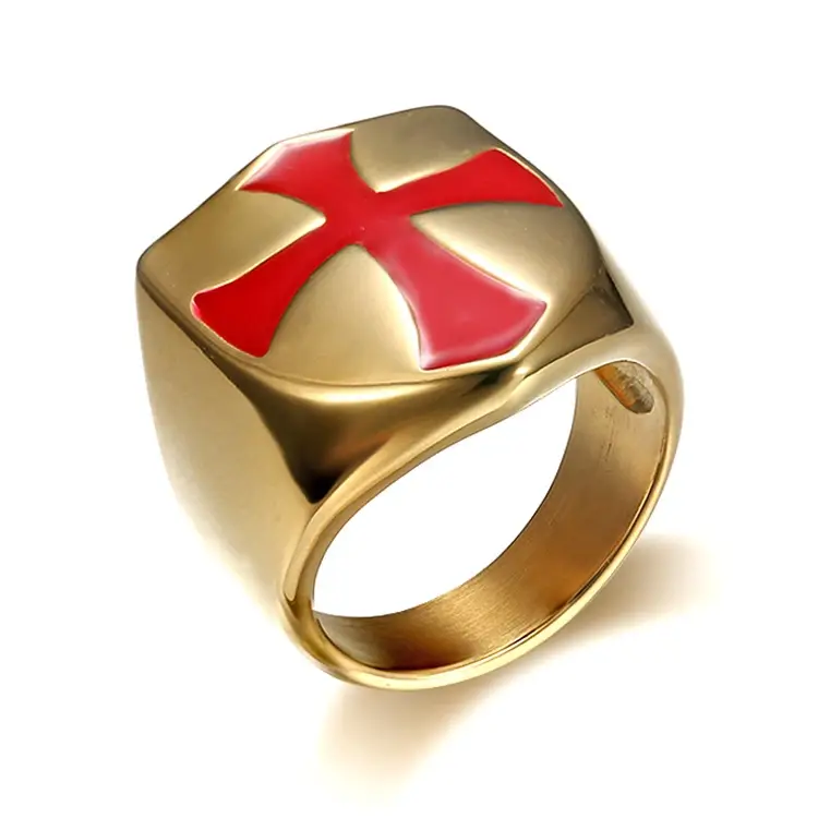 Gold Cross Men's Ring Red Enamel Square Design — feature 6