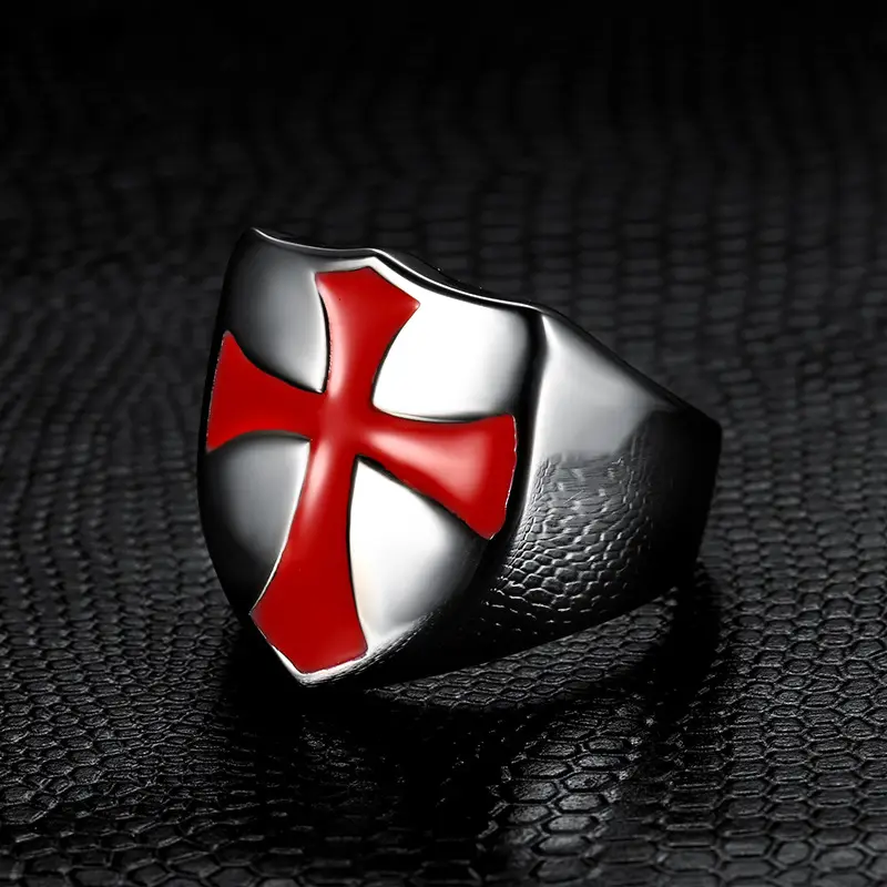 Gold Cross Men's Ring Red Enamel Square Design — feature 9