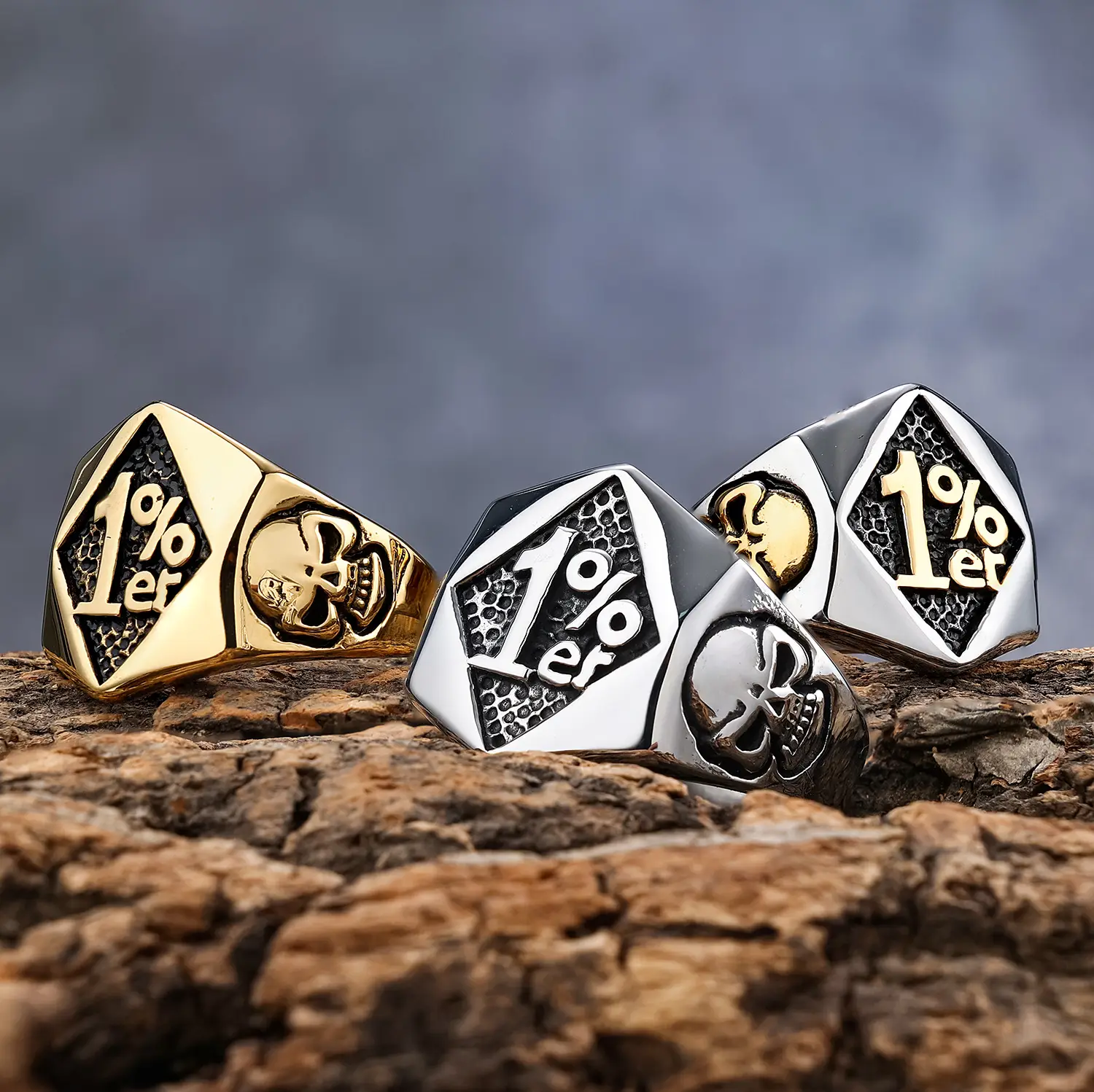 1% Er Skull Men's Ring Gold Silver Titanium 3 Pack — feature 2