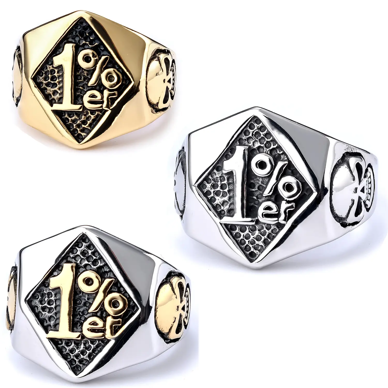 1% Er Skull Men's Ring Gold Silver Titanium 3 Pack — feature 4