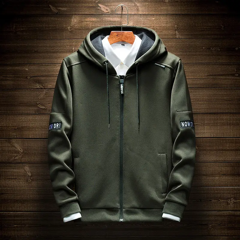 Men Green Hooded Zipper Sweatshirt Spring Casual Street Style - Image 2