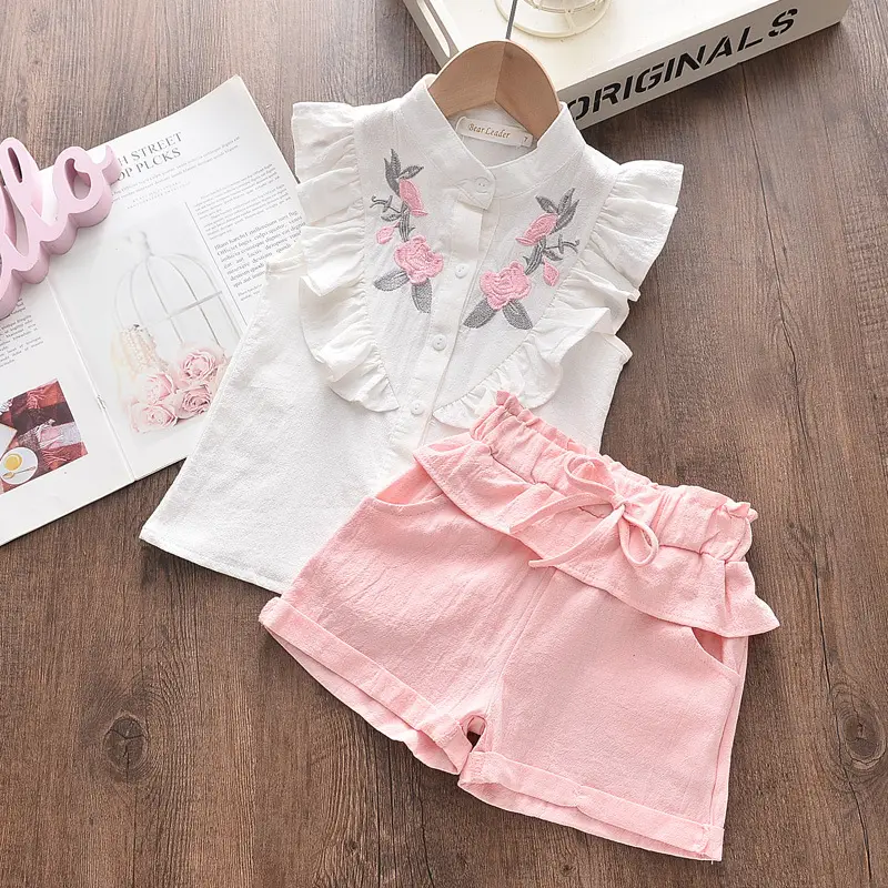 White Floral Embroidered Top with Pink Shorts Set
