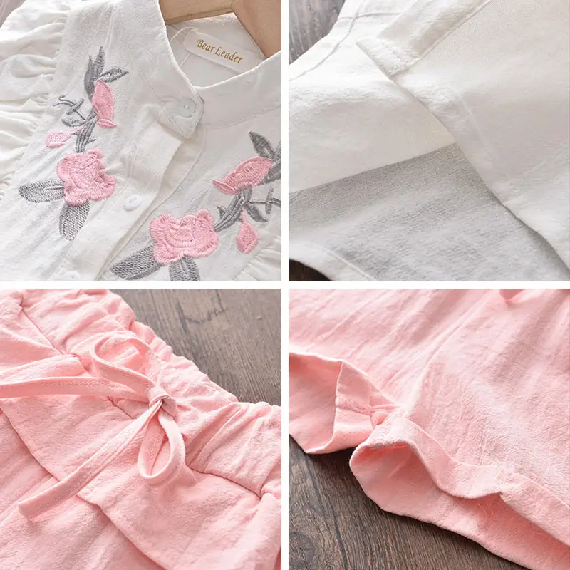 White Floral Embroidered Top with Pink Shorts Set