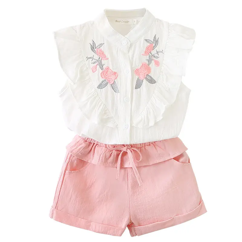 White Floral Embroidered Top with Pink Shorts Set
