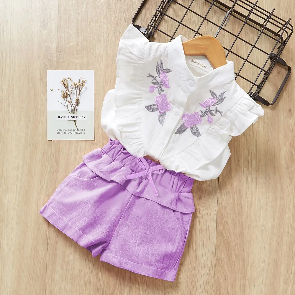 White Floral Embroidered Top with Pink Shorts Set