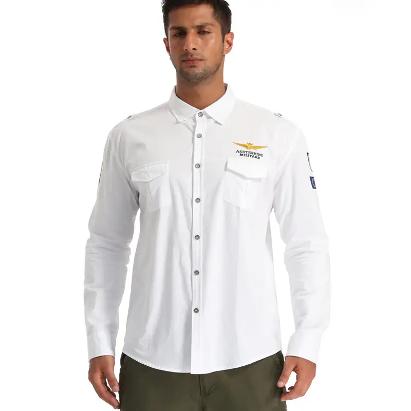 White Long Sleeve Men's Casual Shirt with Brand Patchwork - Image 6
