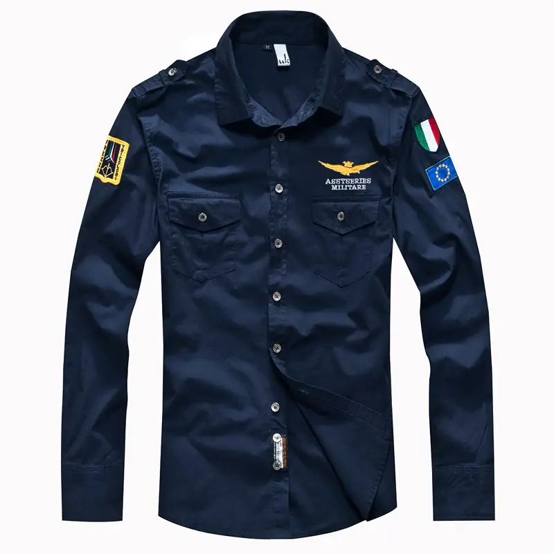 White Long Sleeve Men's Casual Shirt with Brand Patchwork - Image 3