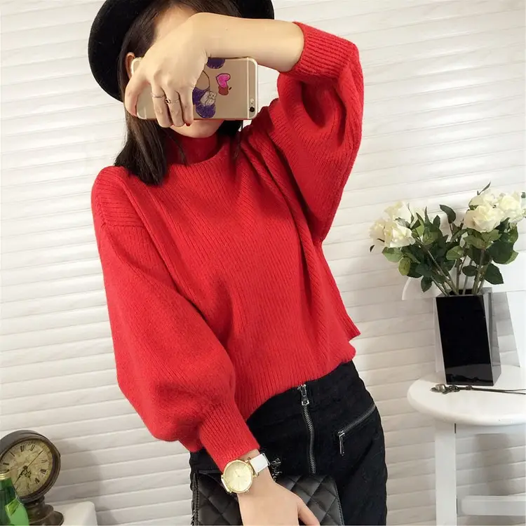Women Korean Style Red Sweater with Lantern Sleeve - Image 9