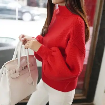 Women Korean Style Red Sweater with Lantern Sleeve - Image 2