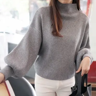 Women Korean Style Red Sweater with Lantern Sleeve - Image 3