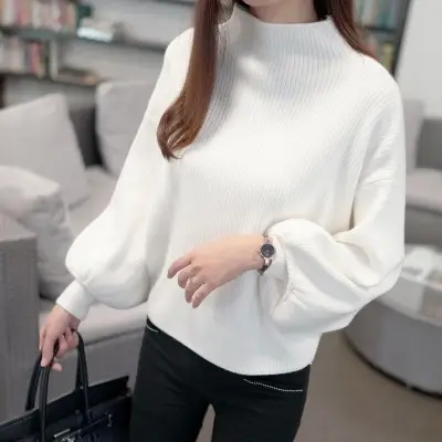 Women Korean Style Red Sweater with Lantern Sleeve - Image 5