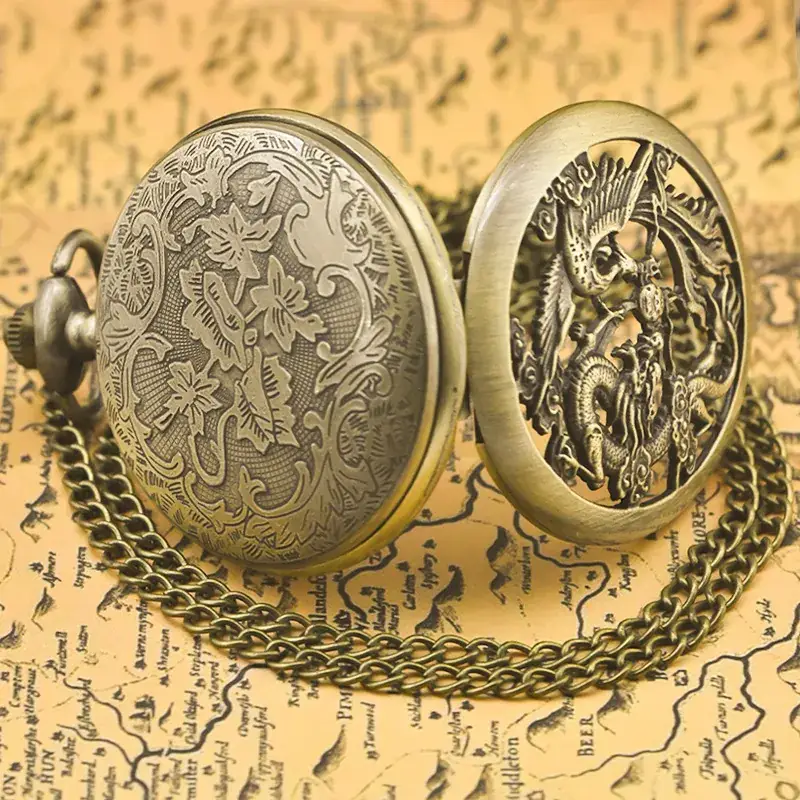 Dragon & Phoenix Chengxiang Necklace Watch Bronze Flip Pocket Watch - Image 3