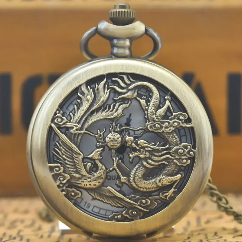Dragon & Phoenix Chengxiang Necklace Watch Bronze Flip Pocket Watch - Image 5