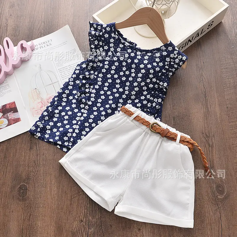 Korean Girls Floral Sleeveless T-Shirt with Brown Belt - Image 3