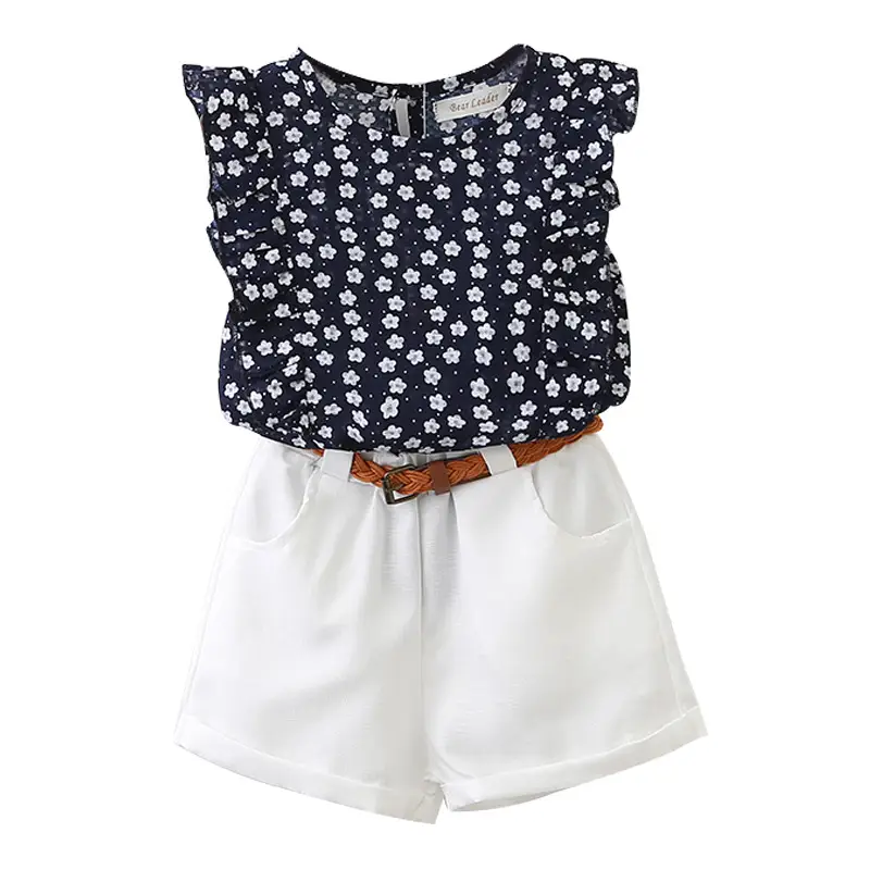 Korean Girls Floral Sleeveless T-Shirt with Brown Belt - Image 6