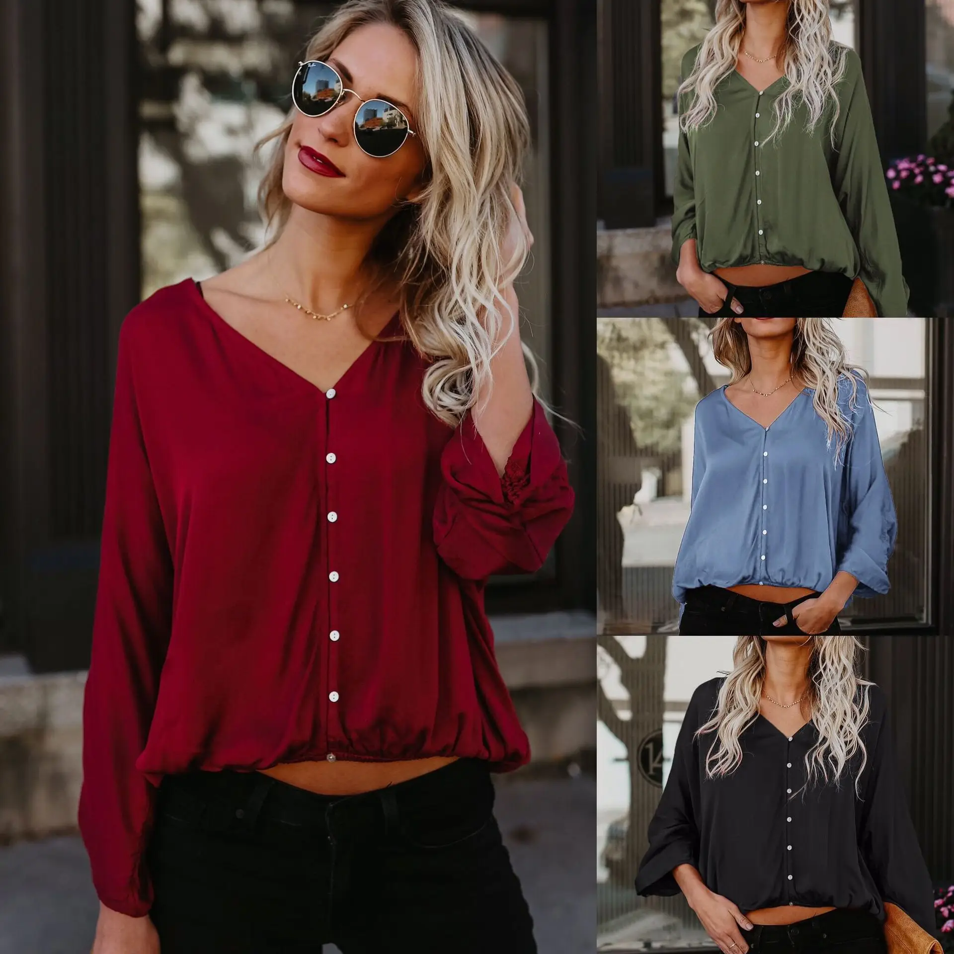 Women Cotton Long Sleeve Button Up Shirt Red Blue Black Large - Image 5
