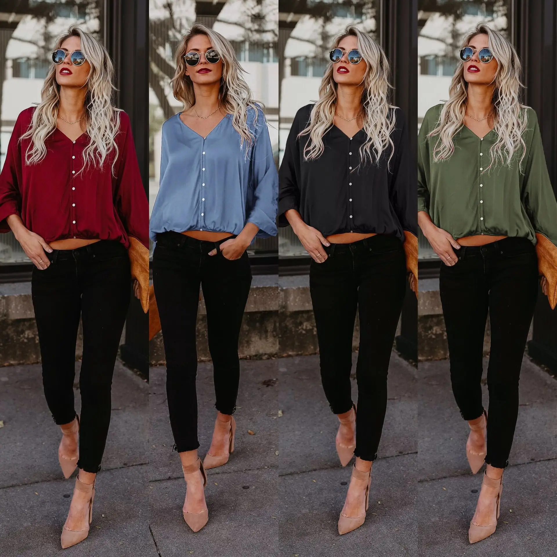 Women Cotton Long Sleeve Button Up Shirt Red Blue Black Large - Image 6