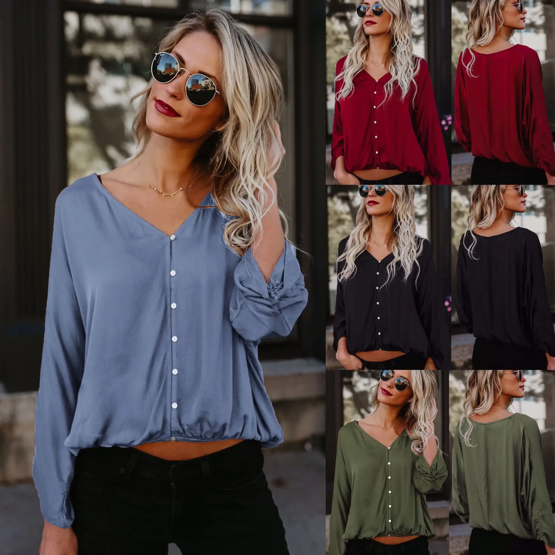 Women Cotton Long Sleeve Button Up Shirt Red Blue Black Large - Image 7