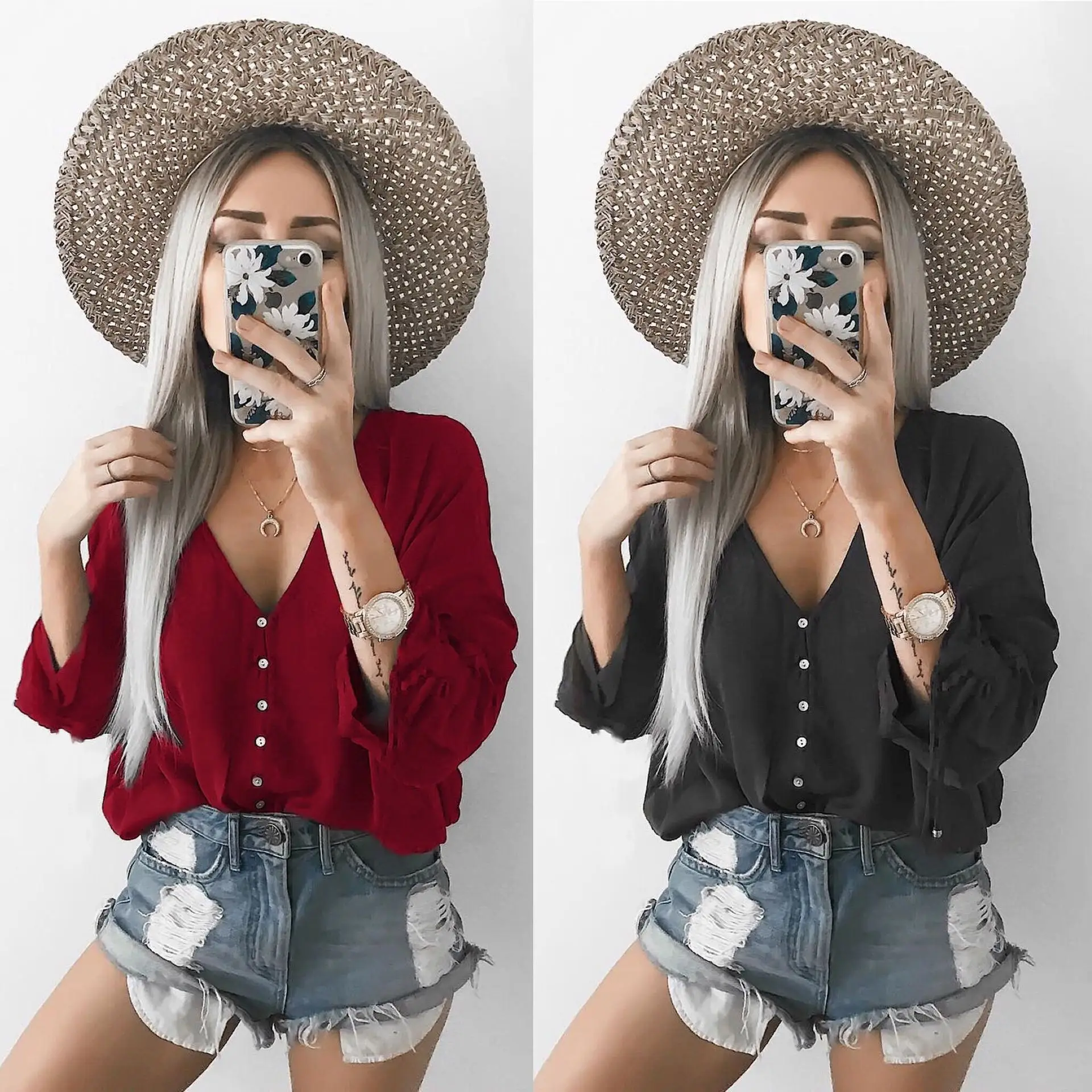 Women Cotton Long Sleeve Button Up Shirt Red Blue Black Large - Image 8