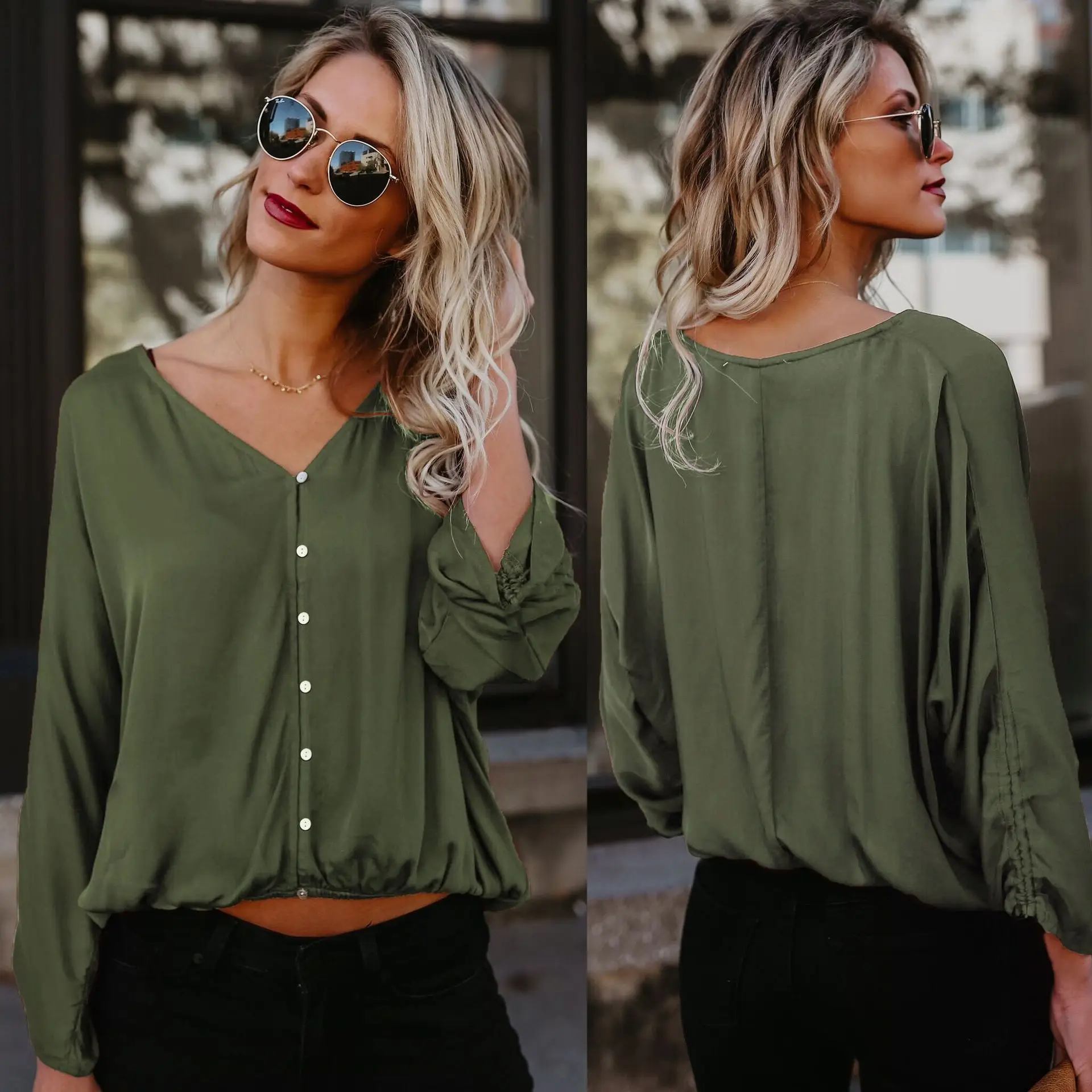 Women Cotton Long Sleeve Button Up Shirt Red Blue Black Large - Image 3