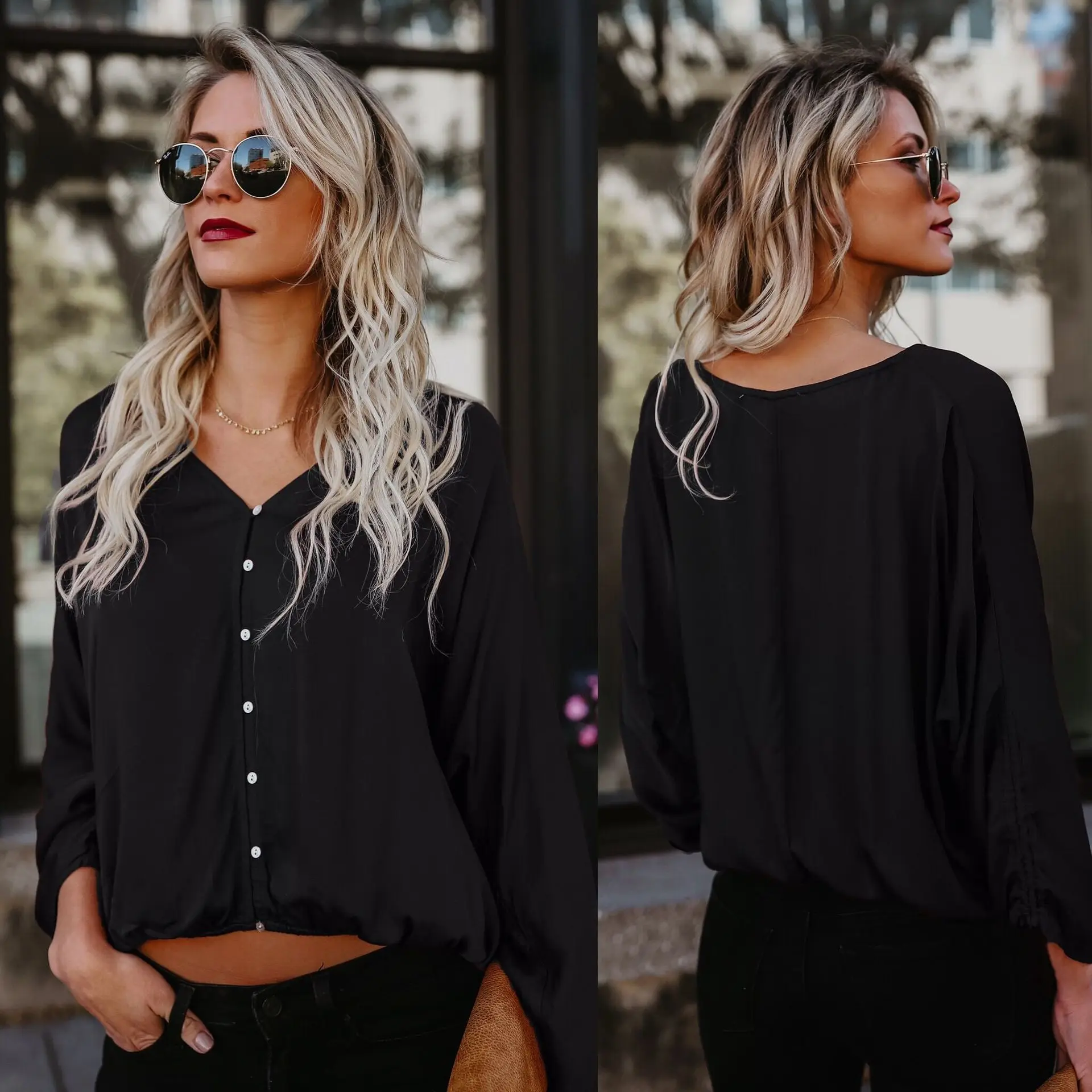 Women Cotton Long Sleeve Button Up Shirt Red Blue Black Large - Image 2