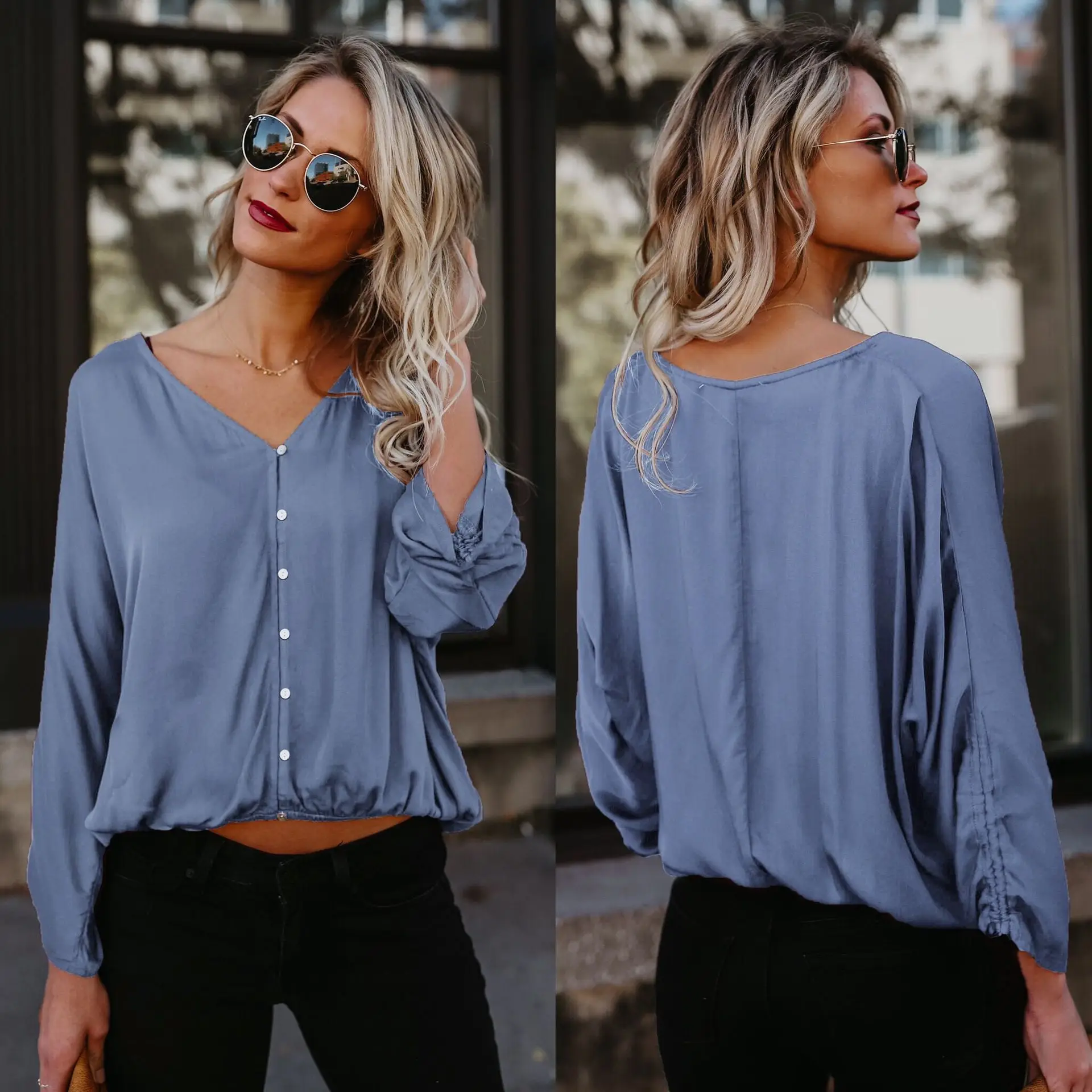 Women Cotton Long Sleeve Button Up Shirt Red Blue Black Large - Image 4