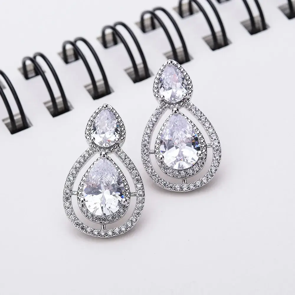 Copper Water Drop Earrings with Black & White Zircon