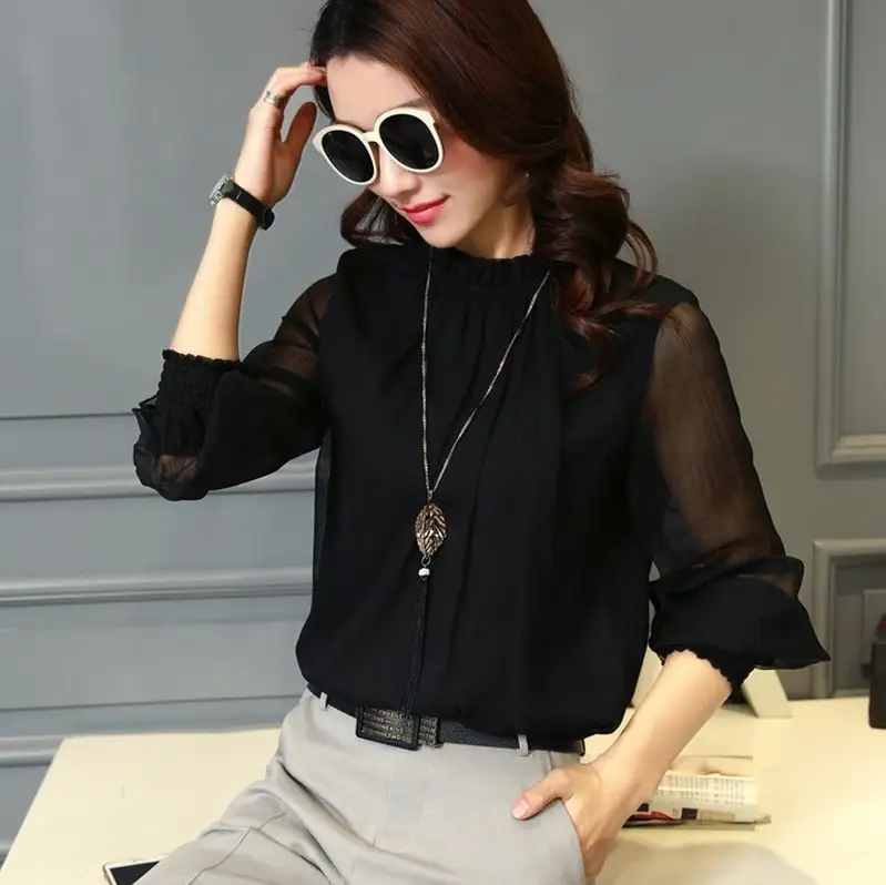 Black Chiffon Ruffled Shirt with Large Size & Ruffled Bottom - Image 4