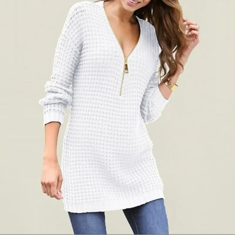 2025 Women's Navy Blue Zippered V-Neck Sweater Dress - Image 6