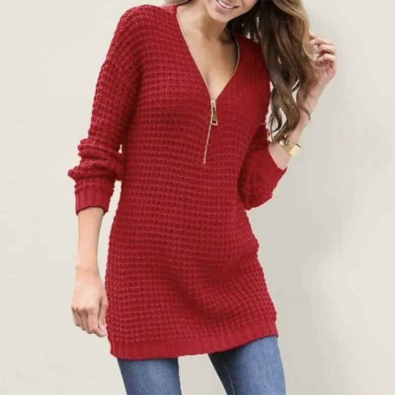 2025 Women's Navy Blue Zippered V-Neck Sweater Dress - Image 3