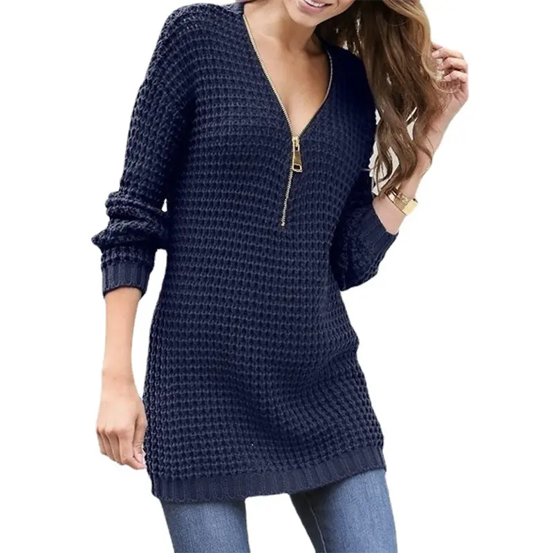 2025 Women's Navy Blue Zippered V-Neck Sweater Dress - Image 7