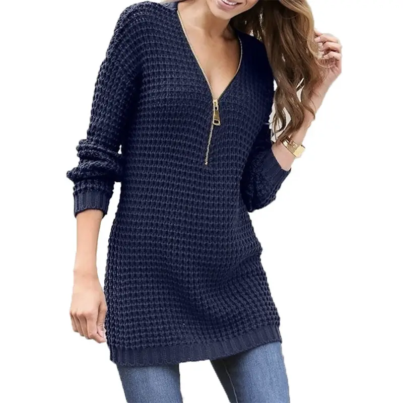 2025 Women's Navy Blue Zippered V-Neck Sweater Dress - Image 4