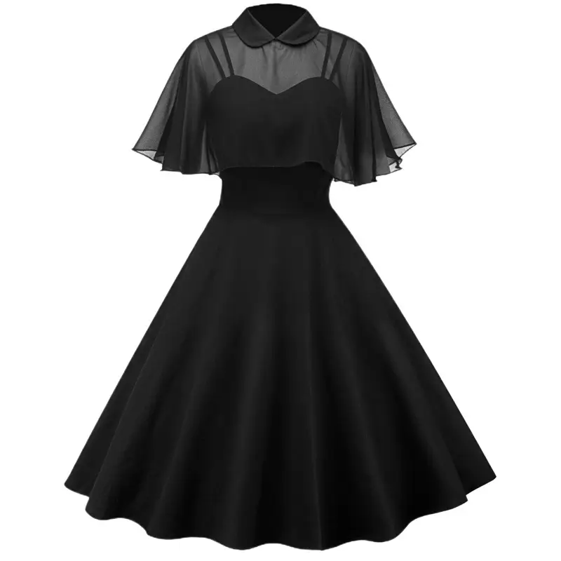Black A-Line Hepburn Style Dress with Patchwork Design