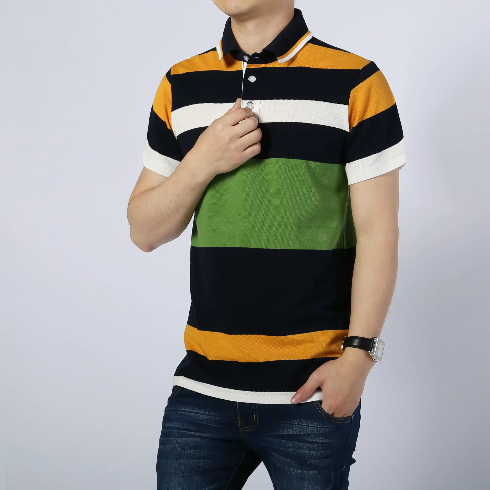 Men Striped Polo Shirt 2017 Summer Black Yellow White - Image 6