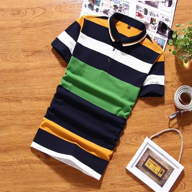 Men Striped Polo Shirt 2017 Summer Black Yellow White - Image 7