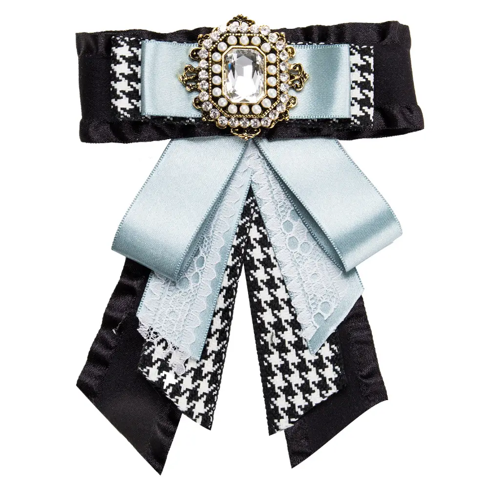European & American Houndstooth Bow Brooch with Diamond Centerpiece