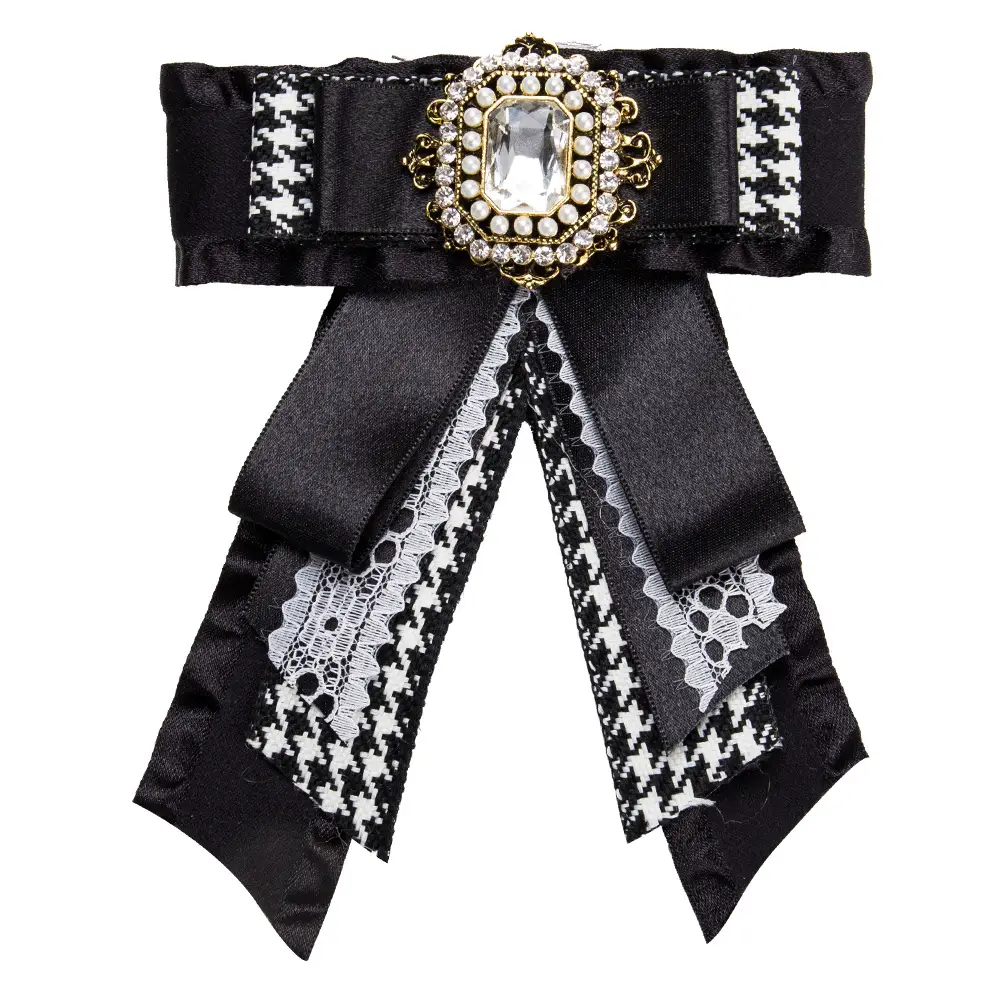 European & American Houndstooth Bow Brooch with Diamond Centerpiece
