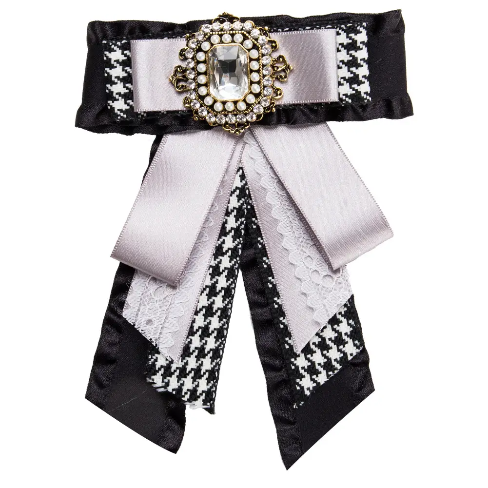 European & American Houndstooth Bow Brooch with Diamond Centerpiece