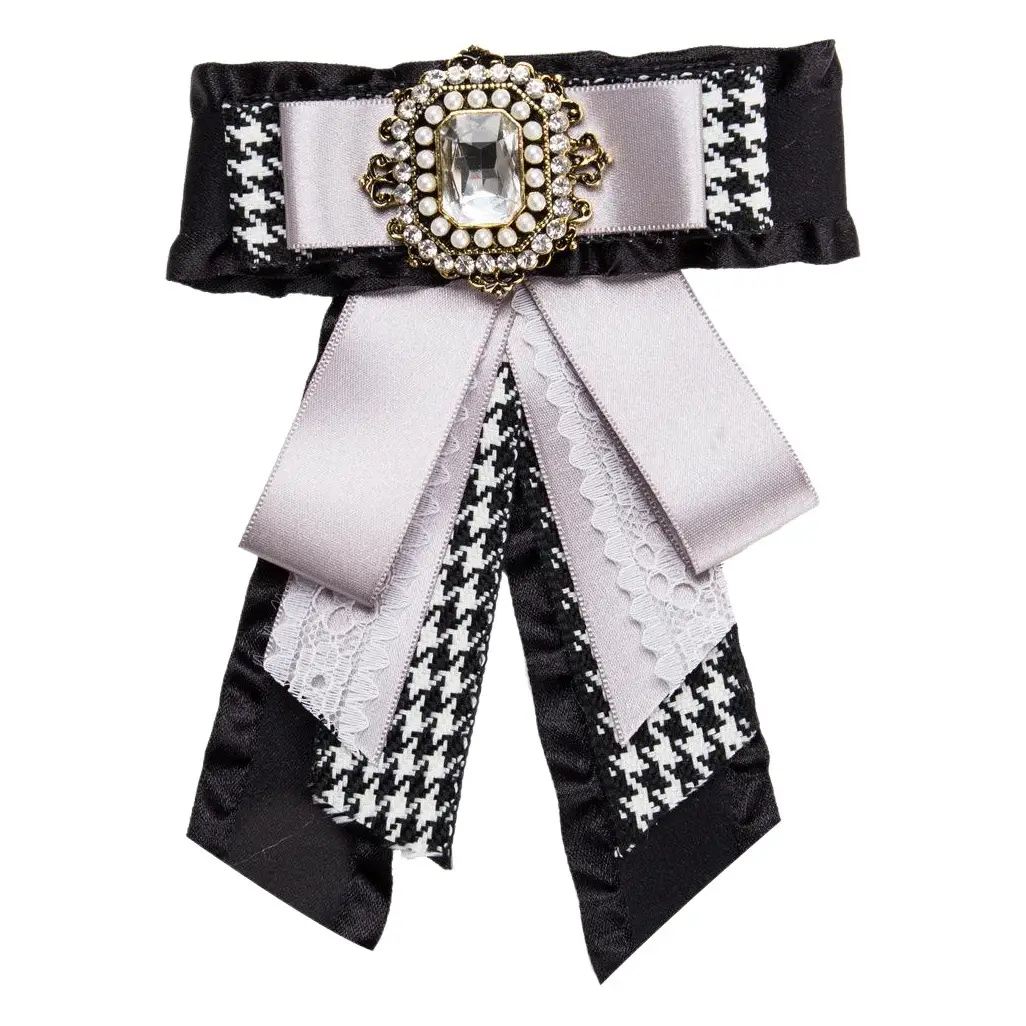 European & American Houndstooth Bow Brooch with Diamond Centerpiece