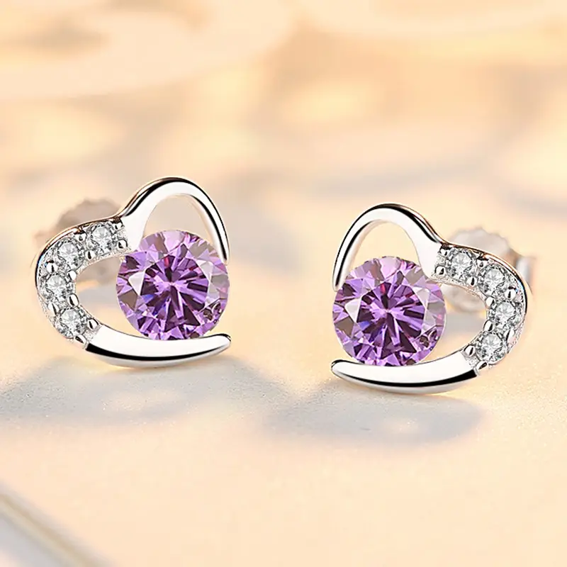 Pure Silver Heart Earrings with Purple Gemstones - Image 5