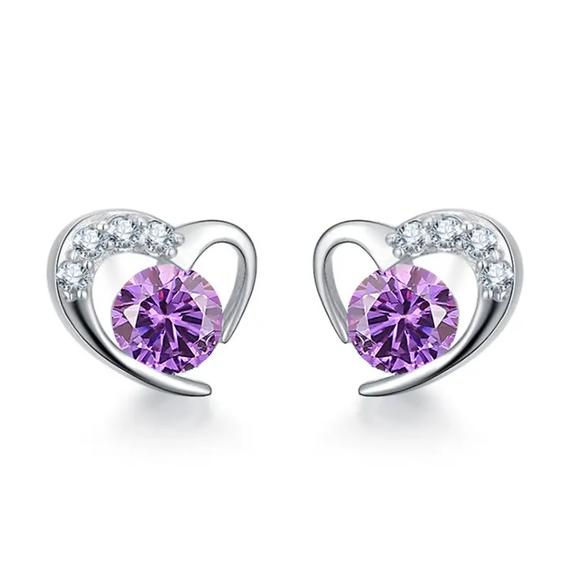 Pure Silver Heart Earrings with Purple Gemstones - Image 2