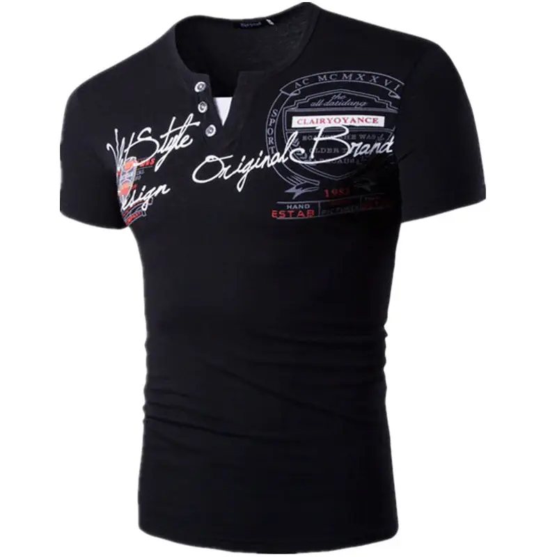 Black V-Neck Fake Two Piece Letter Printed T-Shirt for Men