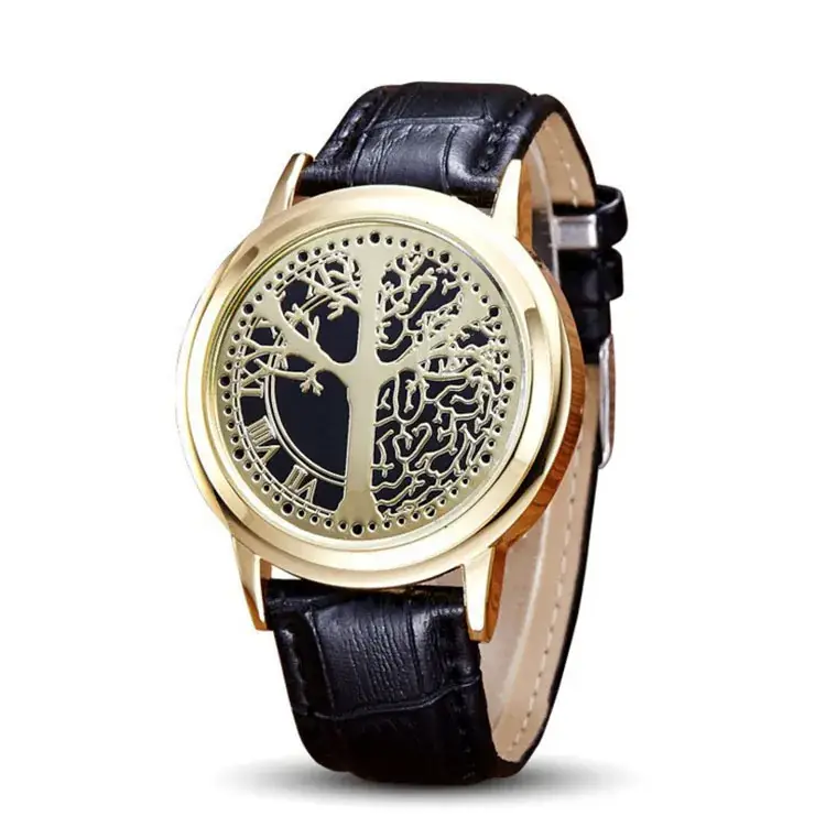 Islamic Tree Design Quartz Watch for Men Women Gold Leather Band - Image 5