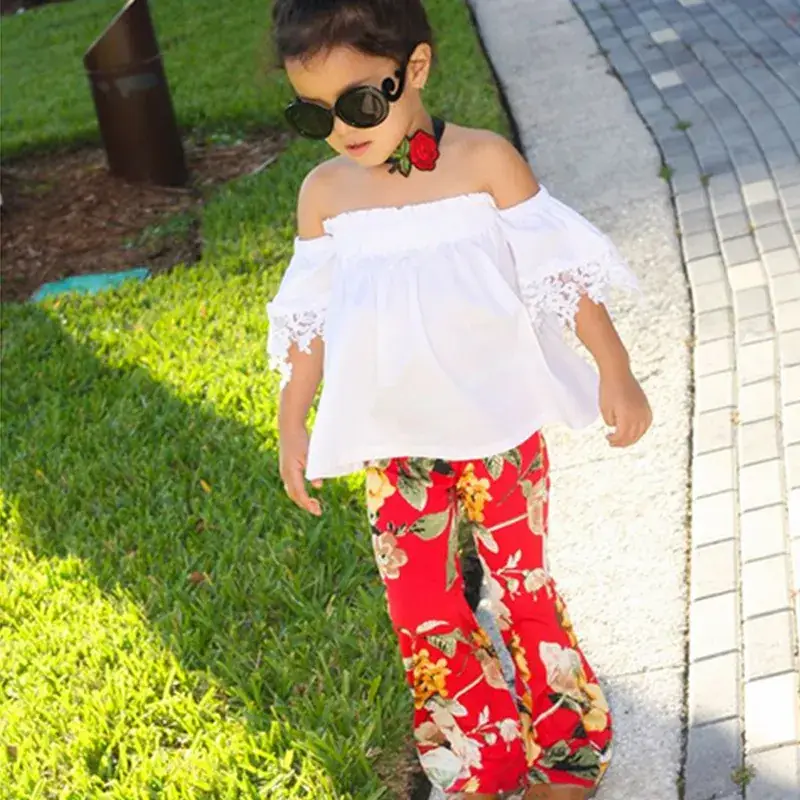 Girls 2025 Summer Off-Shoulder Printed Pants Suit - Image 3