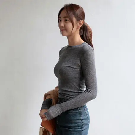 Women's Grey Slim Fit Long Sleeve T-Shirt Round Neck