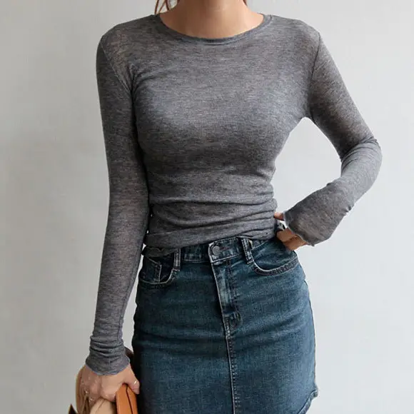 Women's Grey Slim Fit Long Sleeve T-Shirt Round Neck