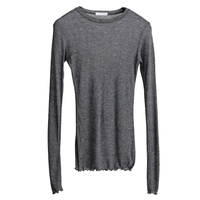 Women's Grey Slim Fit Long Sleeve T-Shirt Round Neck